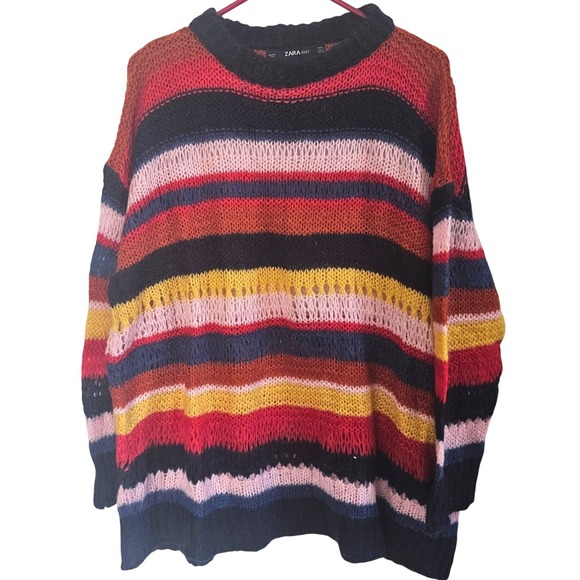 Zara Sweaters - Zara Knit Italian Yarn Multi Color Striped‎ Crewneck Sweater Womens Small Italy